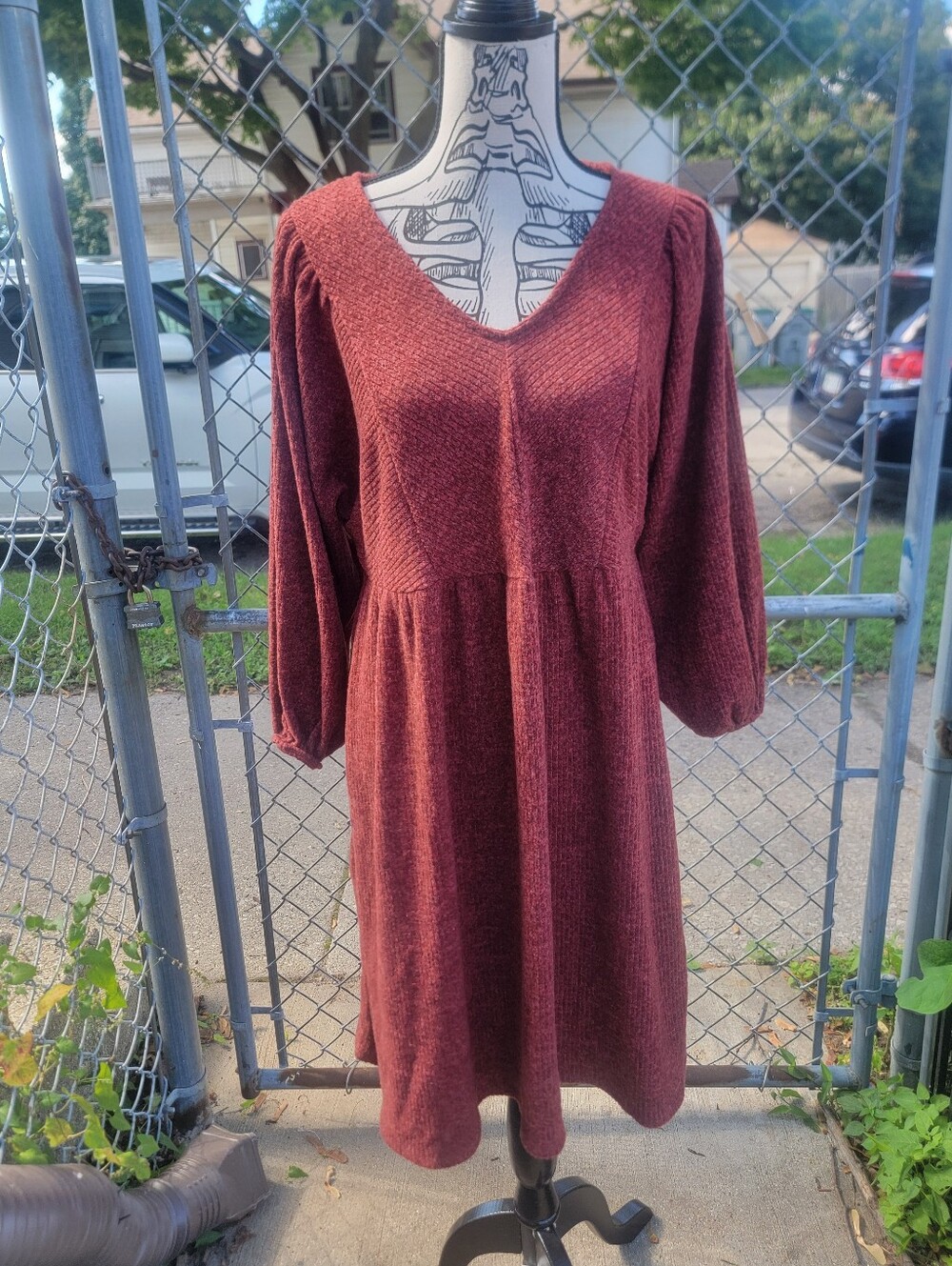Celestine Rust Sweater Dress Medium Puff Sleeve V Neck Fall Boho